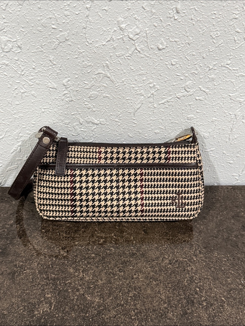 Vintage Y2K Ralph Lauren Brown Plaid Houndstooth Small Shoulder Bag Baguette - Picture 3 of 16